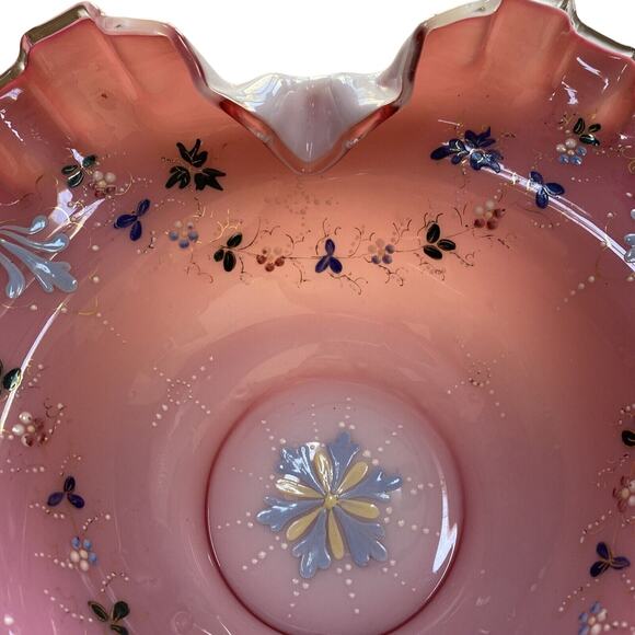 Victorian Brides Basket Bristol? Glass Cranberry Pink & White Bowl Enamel Design - Picture 10 of 10